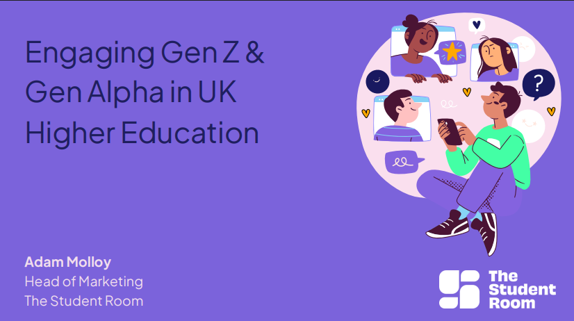 purple background with cartoon of man on his phone, talking to other people
Text reads - Engaging Gen Z and Gen Alpha in UK Higher Education