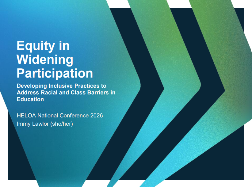 Title slide - Background is blue patterned. Overlayed Text reads - Equity and Widening Participation - Developing inclusive practices to address racial and class barriers in education
