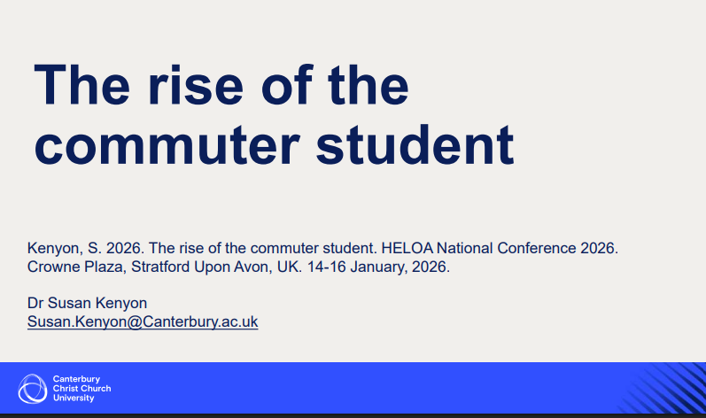 White Canterbury Christchurch University branded slide with blue line at bottom. Overlayed text reads - The rise of the commuter student