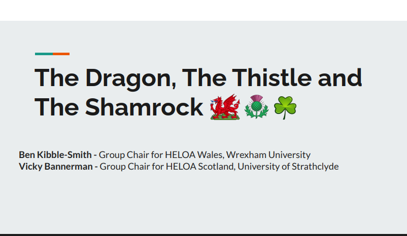 title slide of the Dragon, the Thistle and the Shamrock presentation - text with images of a dragon, a thistle and a shamrock