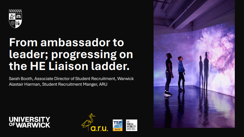 title slide for - From Ambassador to Leader; progressing on the HE Liaison Ladder.
Black background with white text and an image of people looking at a projection of space.