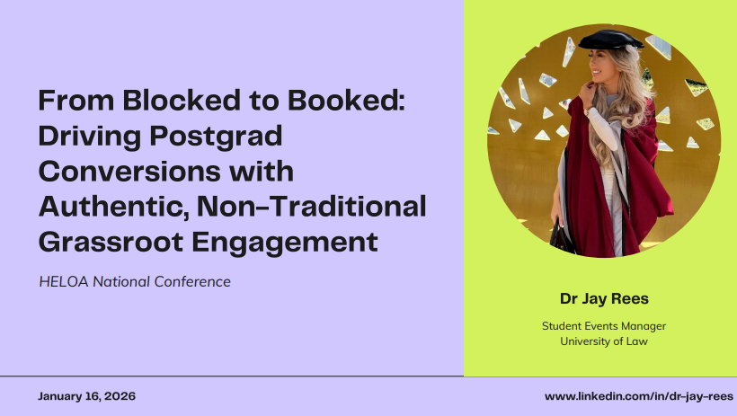 title slide with lilac background
From Blocked to booked: Driving postgrad conversions with authentic, non-traditional grassroot engagement
Image of speaker as a graduate