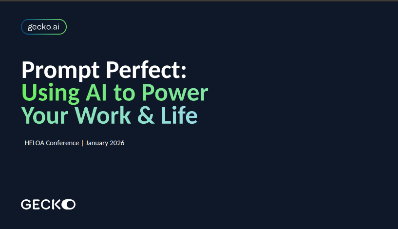 Title slide for Prompt Perfect: Using AI to power your work and life
blue background with white, green and mint colour text