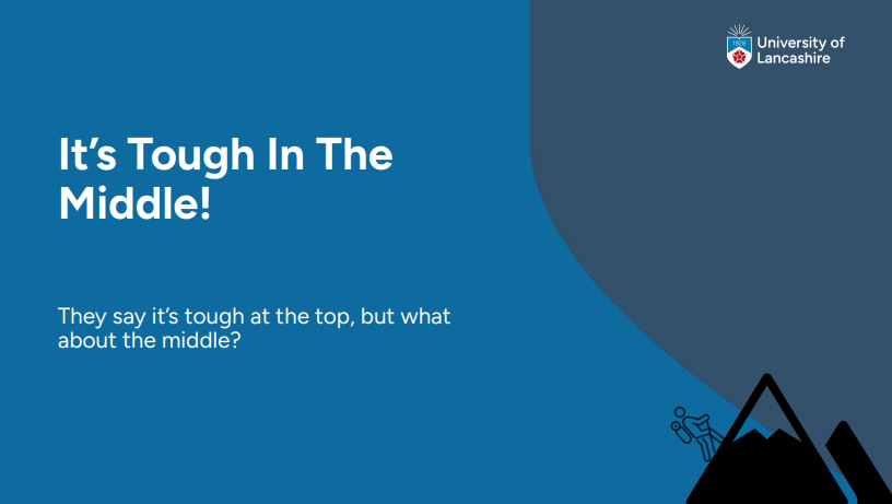 Title slide for It's tough in the middle!
blue background with black cartoon mountain