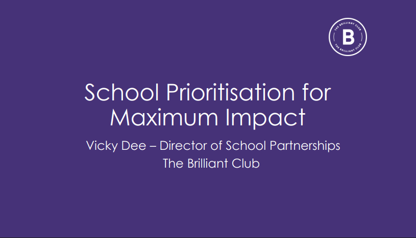 Purple title slide with the Brilliant Club white logo. Text Reads School Prioritisation for Maximum Impact