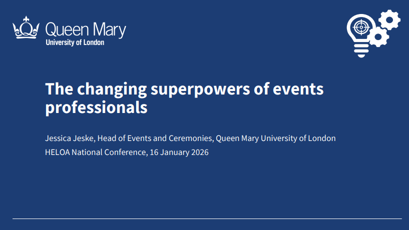 Blue title slide for The Changing Superpowers of Events professionals
white text with white lightbulb and cogs in top corner